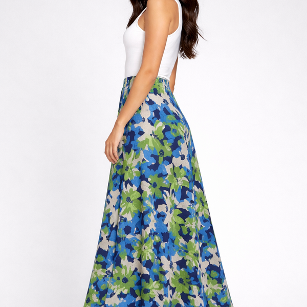 Ladies Blue & Green Plus Size Nylon Floral A-Line Midi Skirt