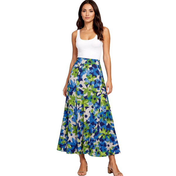 Ladies Blue & Green Plus Size Nylon Floral A-Line Midi Skirt