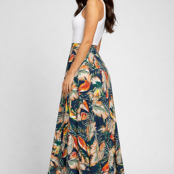 Ladies Nylon Tropical Leaf Print A-Line Midi Skirt