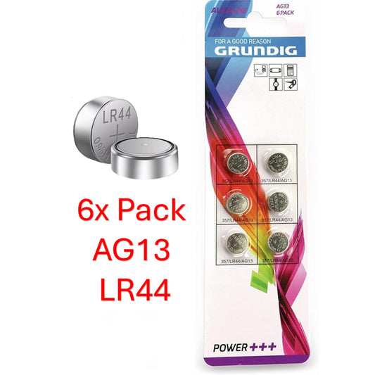 6 pack Grundig AG13 LR44 alkaline button cell batteries for watches, toys, calculators, and small electronics