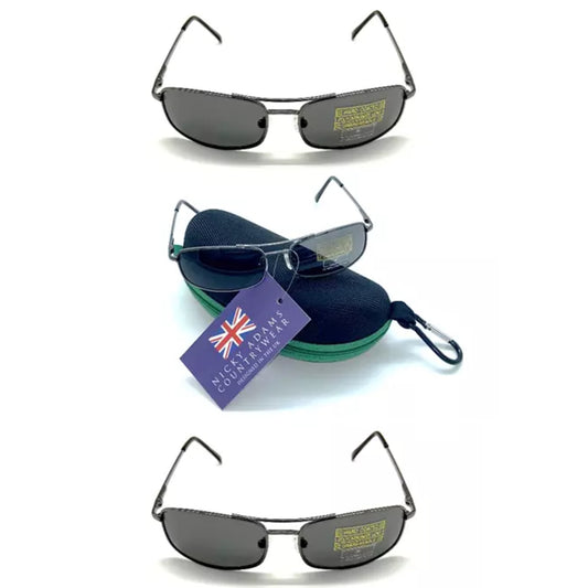 Men's rectangular metal frame sunglasses with black lenses including hard zip case by Nicky Adams Countrywear