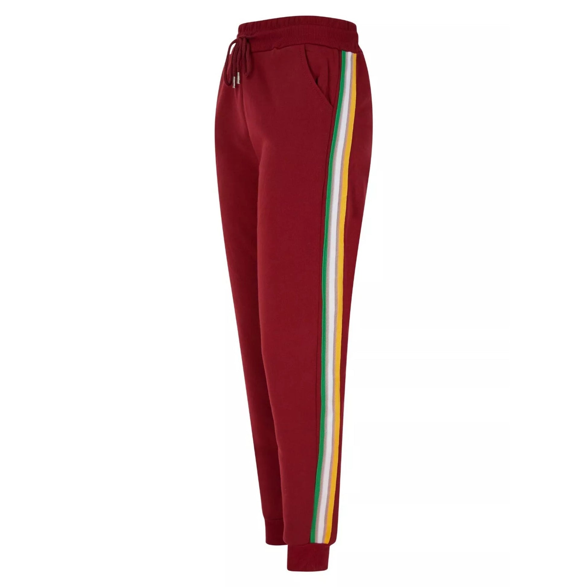 Women's burgundy jogger trousers with green, yellow, and white striped side detail, elasticated waist, drawstring tie, and cuffed ankles.