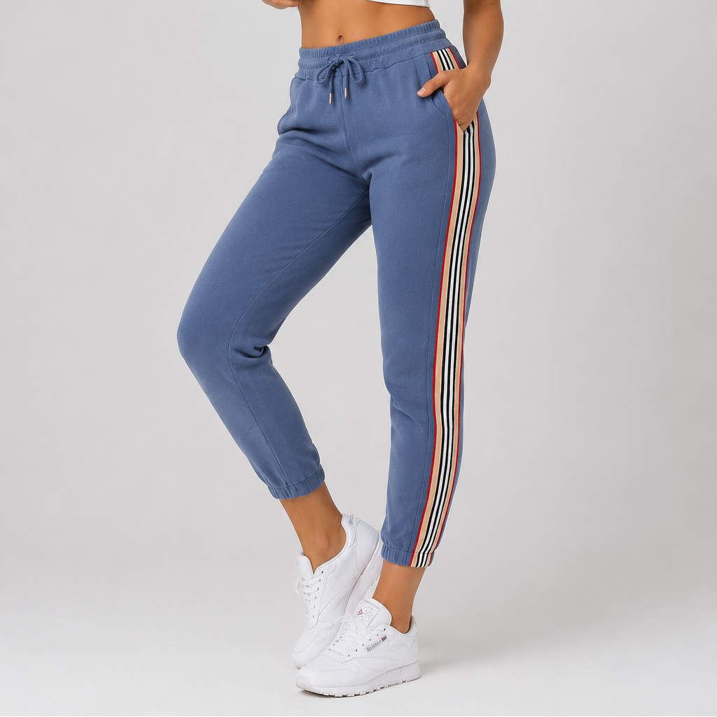 Ladies blue high waist joggers with side stripe – casual elastic waist trousers