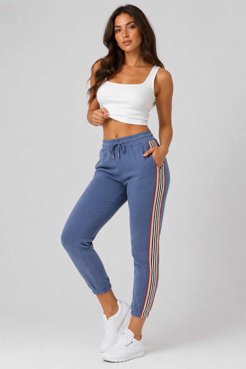 Ladies blue high waist joggers with side stripe – casual elastic waist trousers