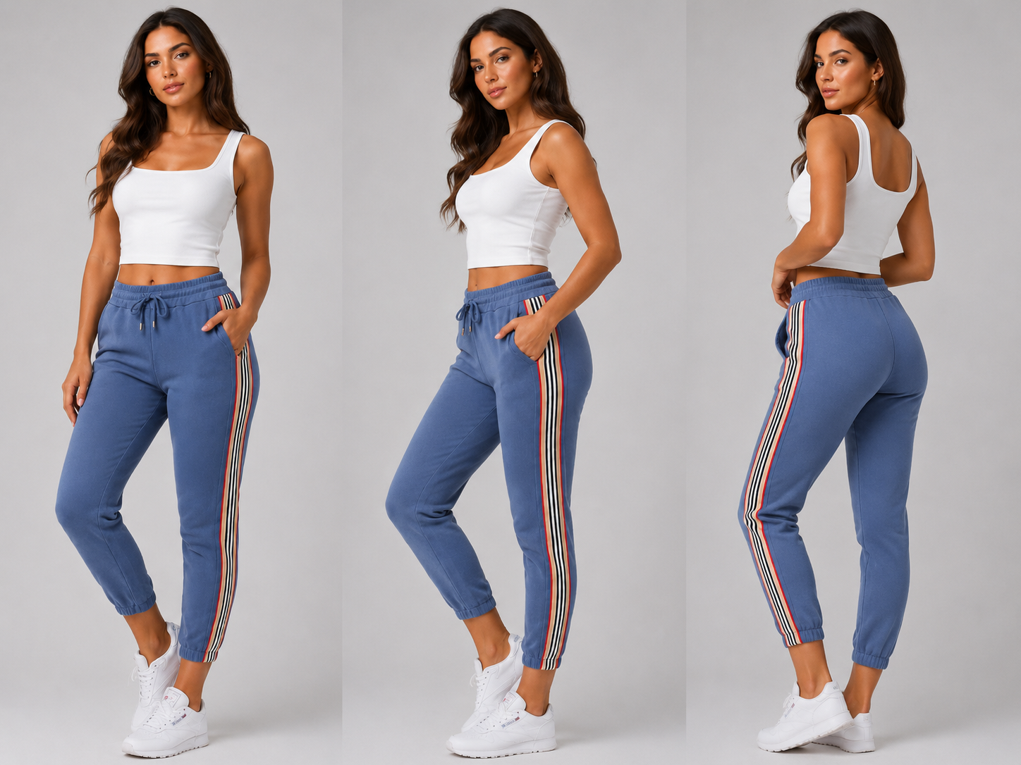 Ladies blue high waist joggers with side stripe – casual elastic waist trousers