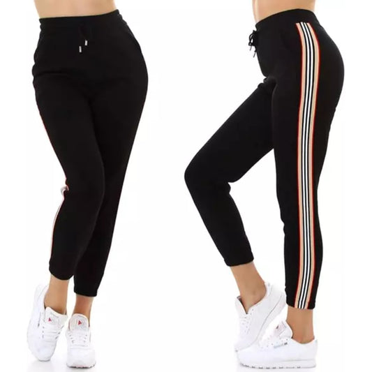 Ladies black high waist joggers with side stripe – casual elastic waist trousers