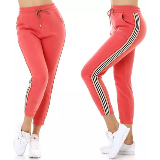 Ladies dusky pink high waist joggers with side stripe – casual elastic waist trousers