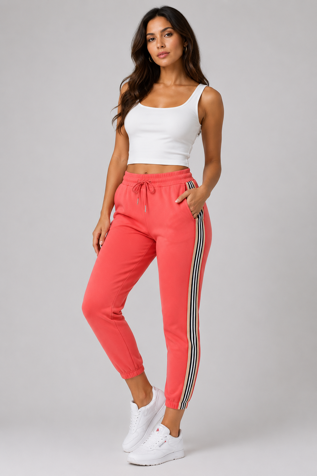 Ladies dusky pink high waist joggers with side stripe – casual elastic waist trousers