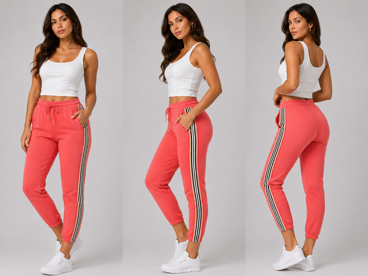 Ladies dusky pink high waist joggers with side stripe – casual elastic waist trousers