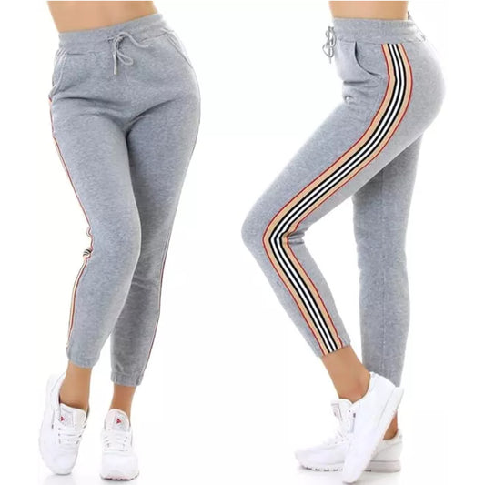 Ladies grey high waist joggers with side stripe – casual elastic waist trousers
