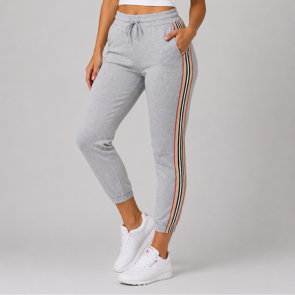 Ladies grey high waist joggers with side stripe – casual elastic waist trousers