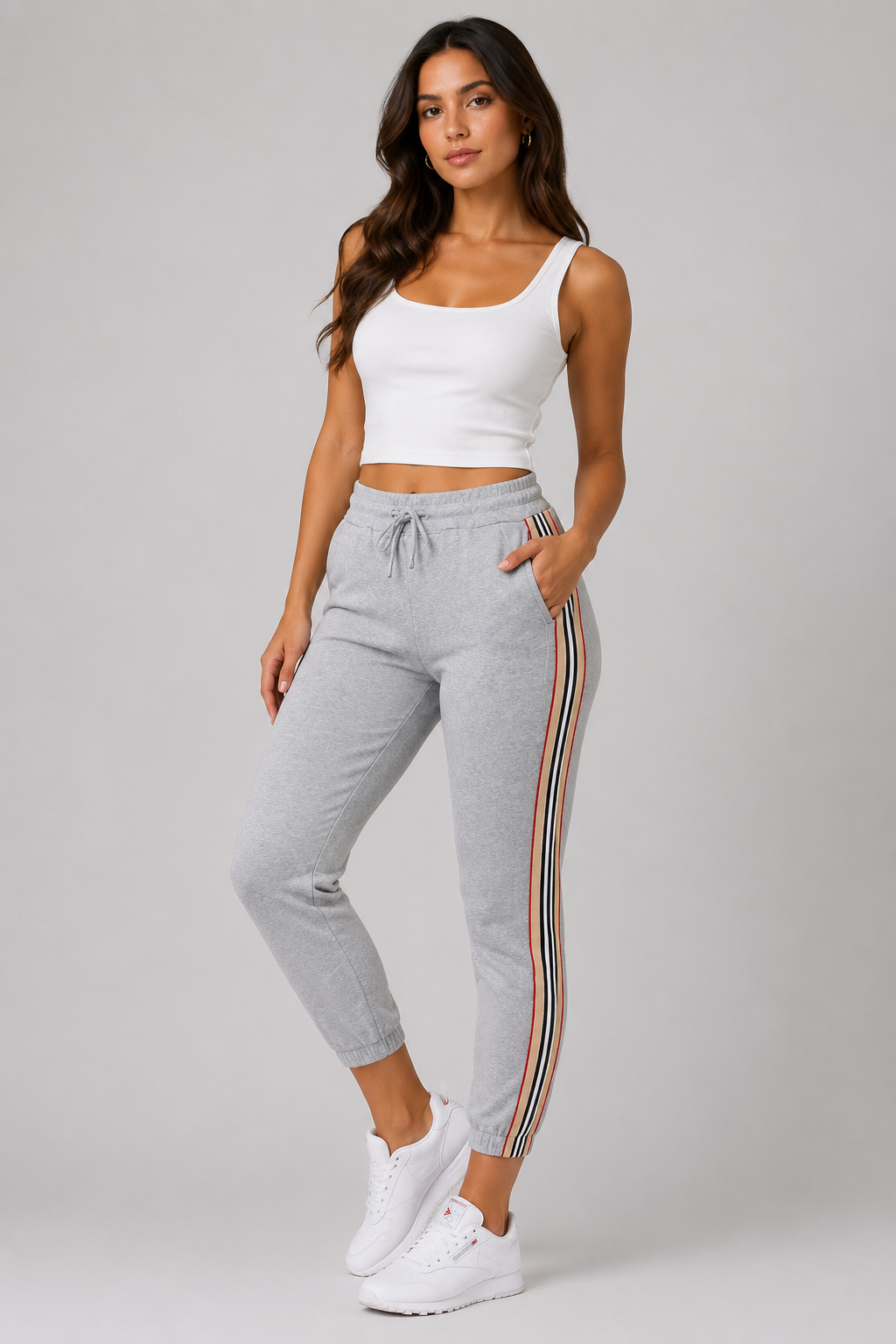 Ladies grey high waist joggers with side stripe – casual elastic waist trousers
