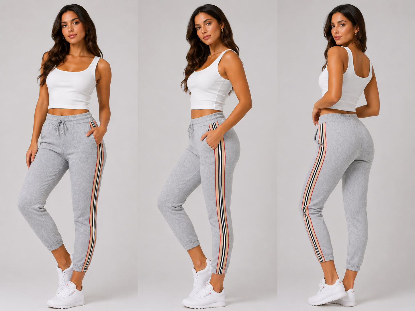 Ladies grey high waist joggers with side stripe – casual elastic waist trousers