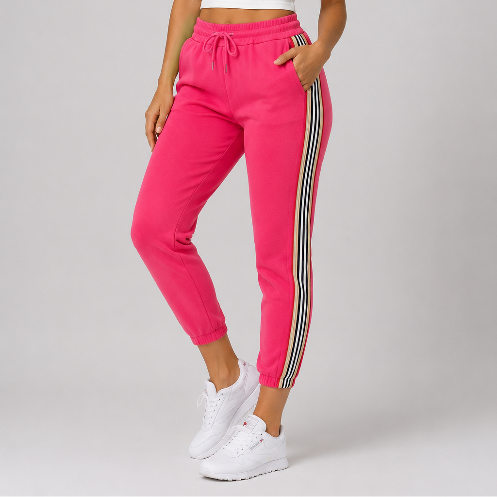 Ladies hot pink high waist joggers with side stripe – casual elastic waist trousers