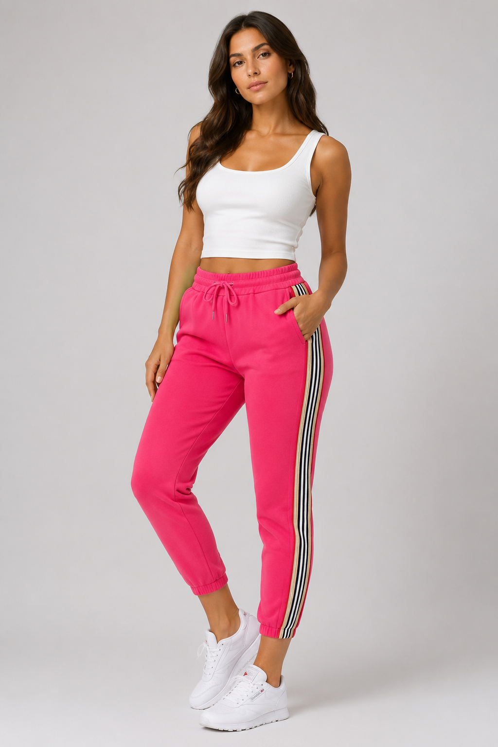 Ladies hot pink high waist joggers with side stripe – casual elastic waist trousers