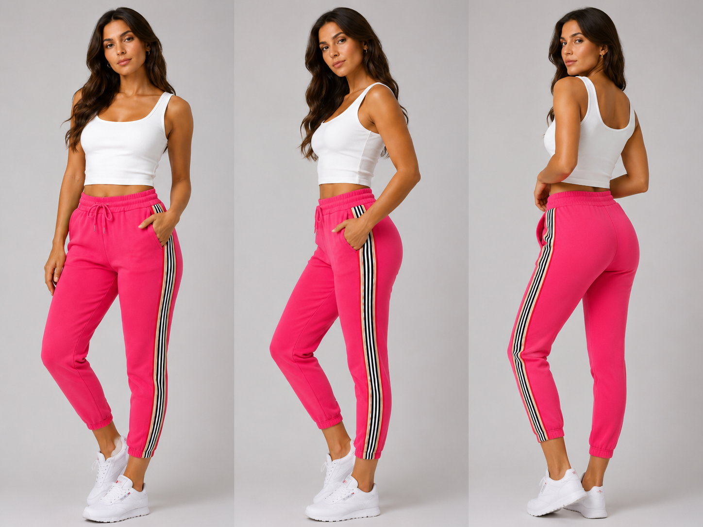 Ladies hot pink high waist joggers with side stripe – casual elastic waist trousers