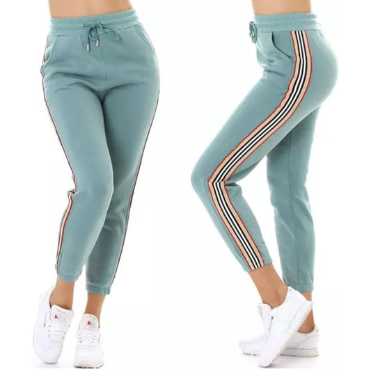 Ladies mint green high waist joggers with side stripe – casual elastic waist trousers