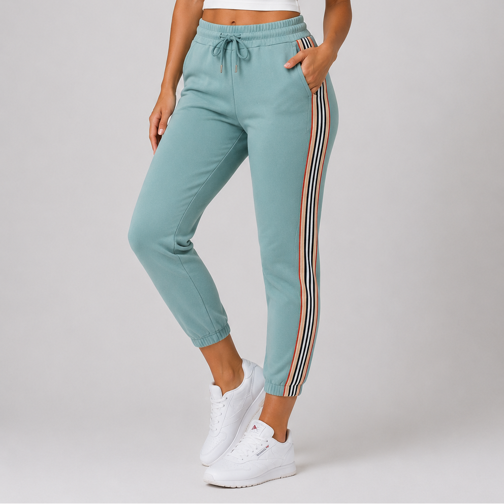 Ladies mint high waist joggers with side stripe – casual elastic waist trousers