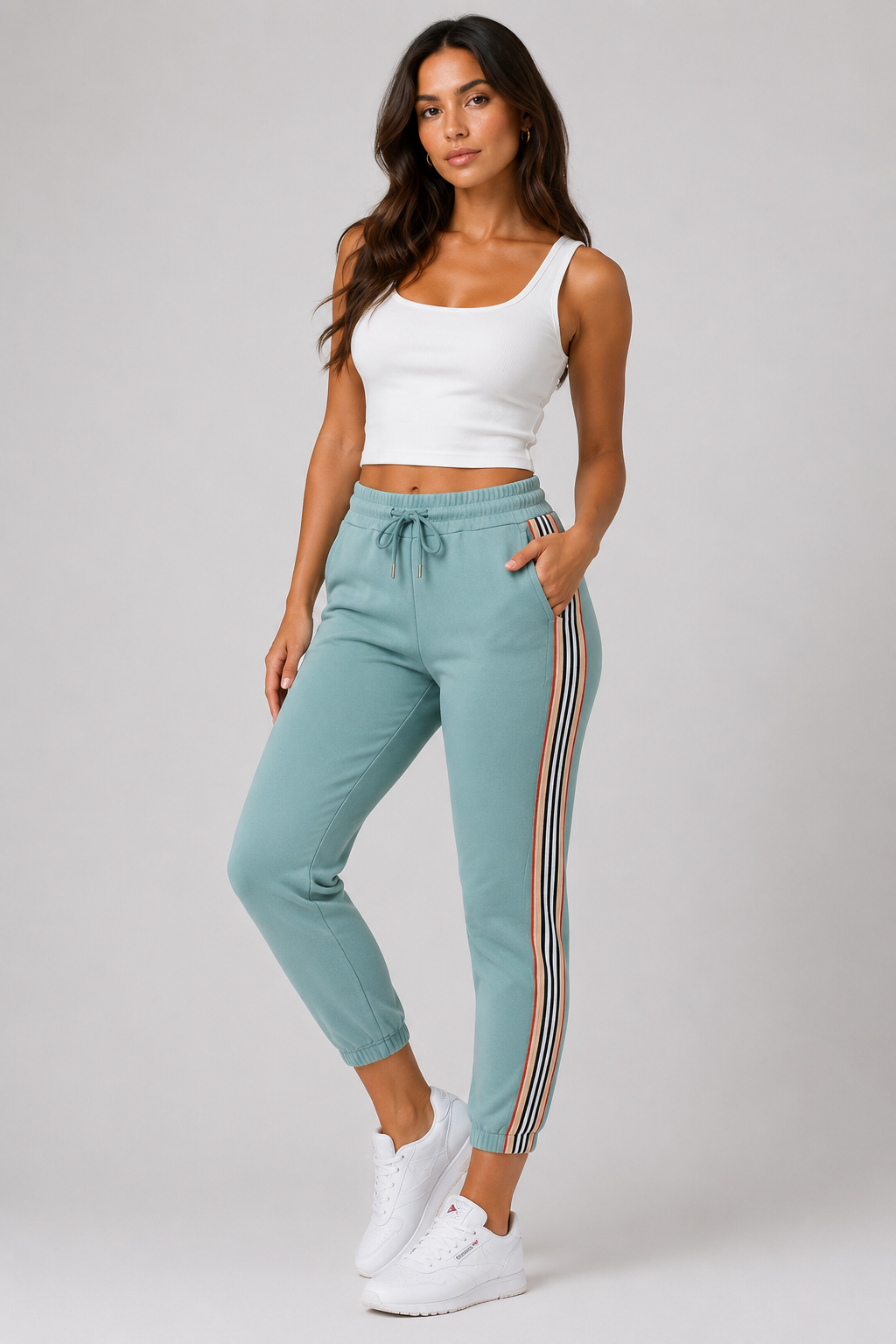Ladies mint high waist joggers with side stripe – casual elastic waist trousers
