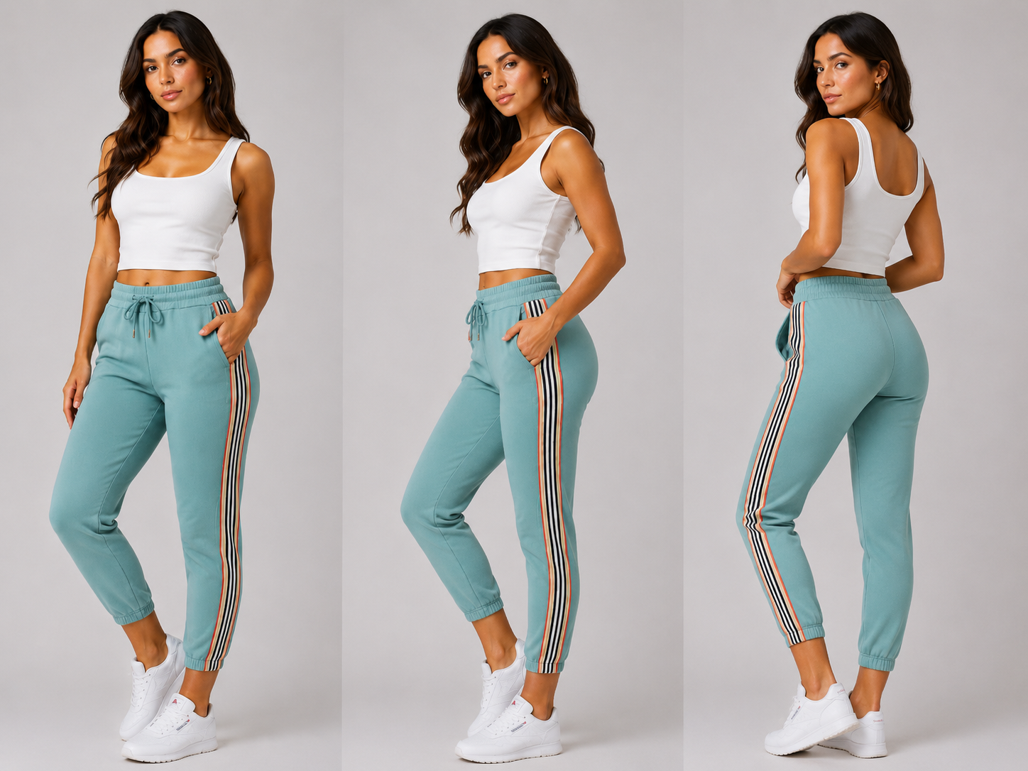 Ladies mint high waist joggers with side stripe – casual elastic waist trousers