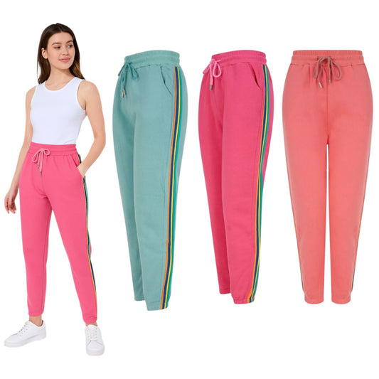 Ladies striped joggers in pink, mint, and coral, drawstring waist, cuffed ankles, soft loungewear, model wearing pink variant