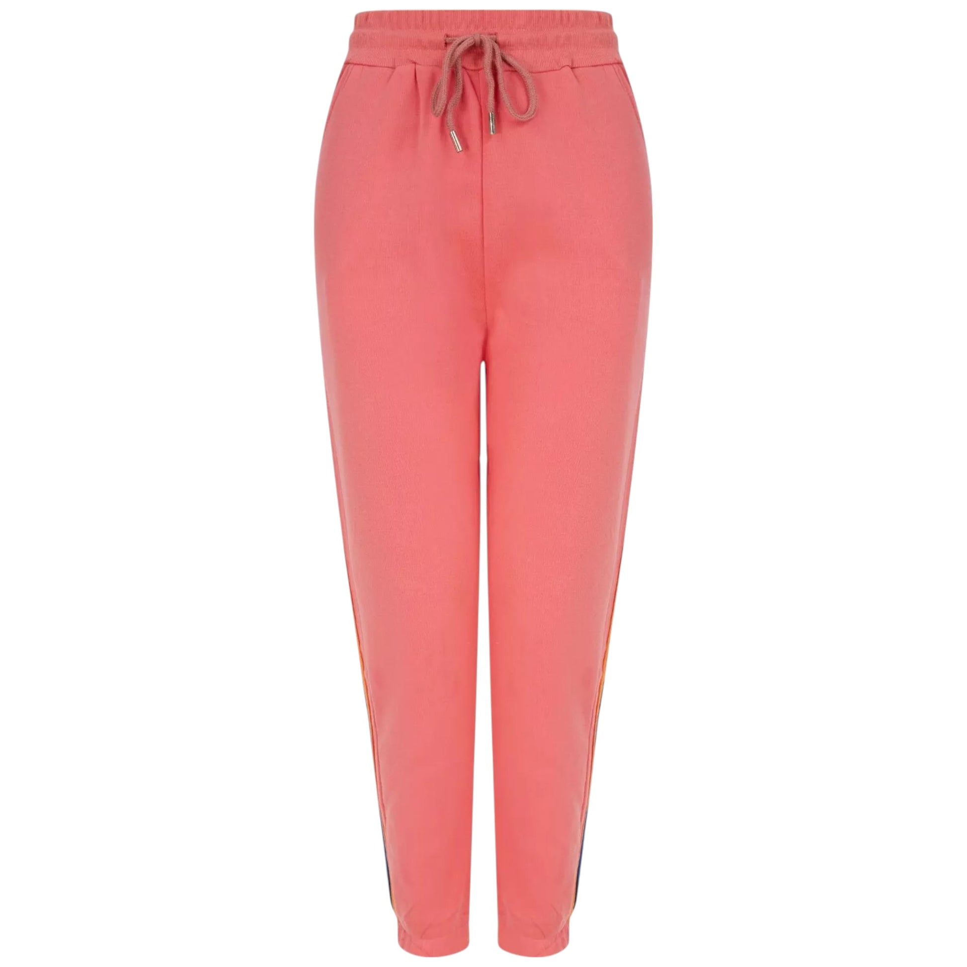 Ladies coral joggers with side stripe, drawstring waist, elastic cuffed ankles, casual lounge pants, sporty stretch fit