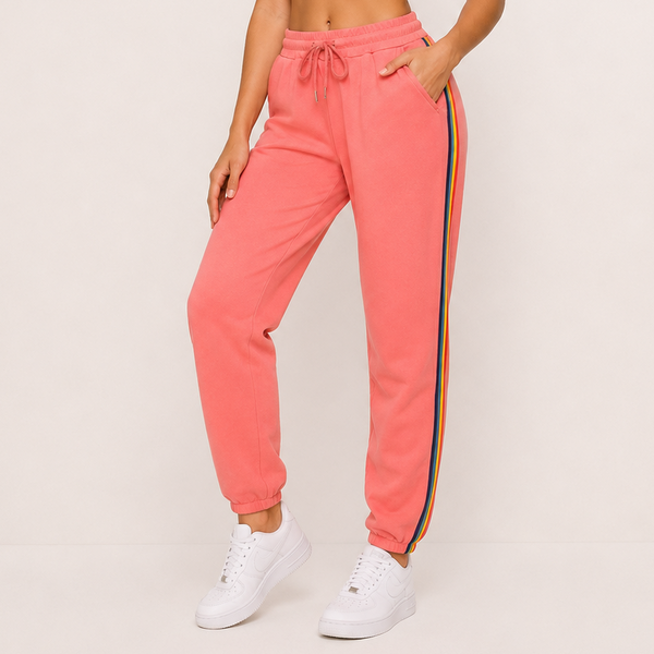 Ladies Cuffed Side Stripe Joggers (Coral)