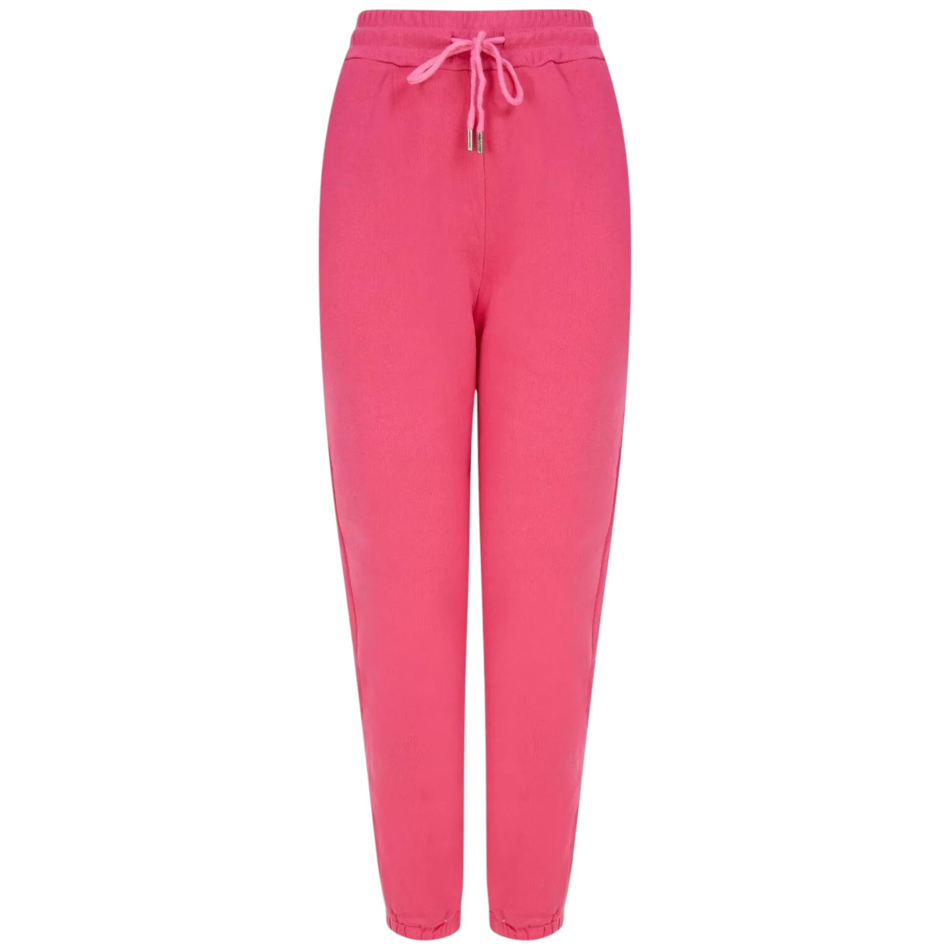 Ladies Pink joggers with side stripe, drawstring waist, elastic cuffed ankles, casual lounge pants, sporty stretch fit