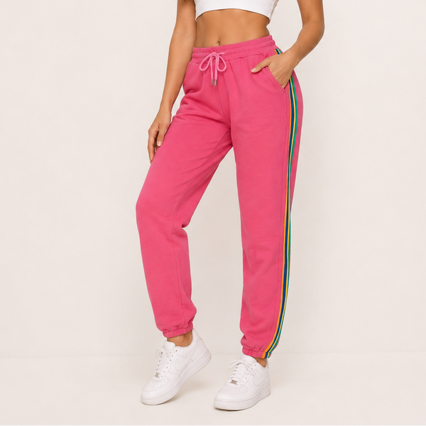 Ladies Cuffed Side Stripe Joggers (Hot Pink)