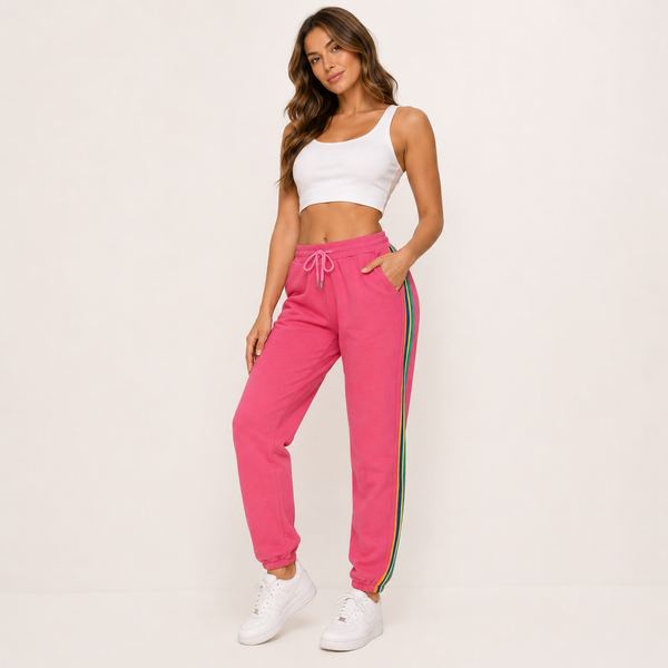 Ladies Cuffed Side Stripe Joggers (Hot Pink)