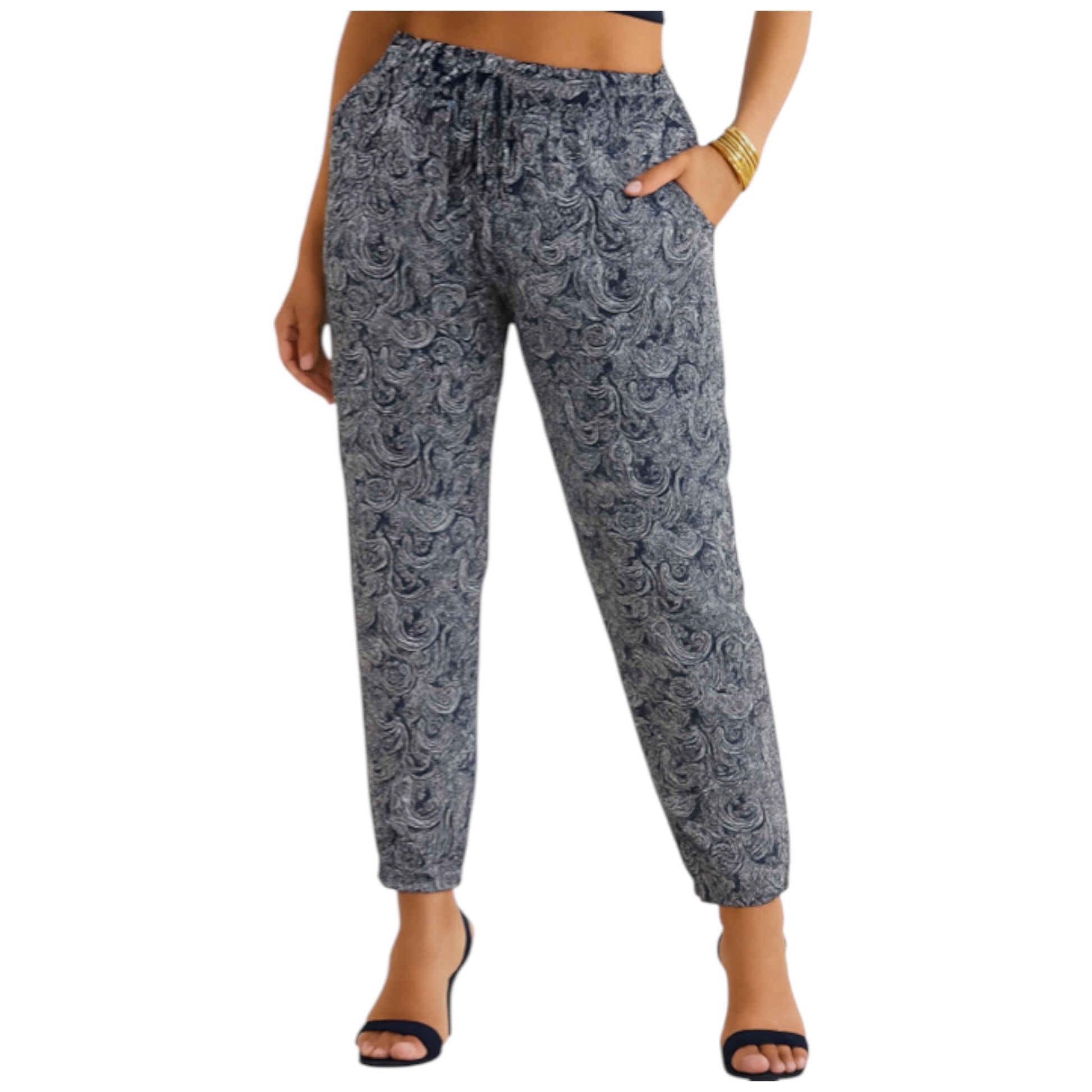 Women's navy and white paisley print drawstring trousers with elastic waist and tapered ankle