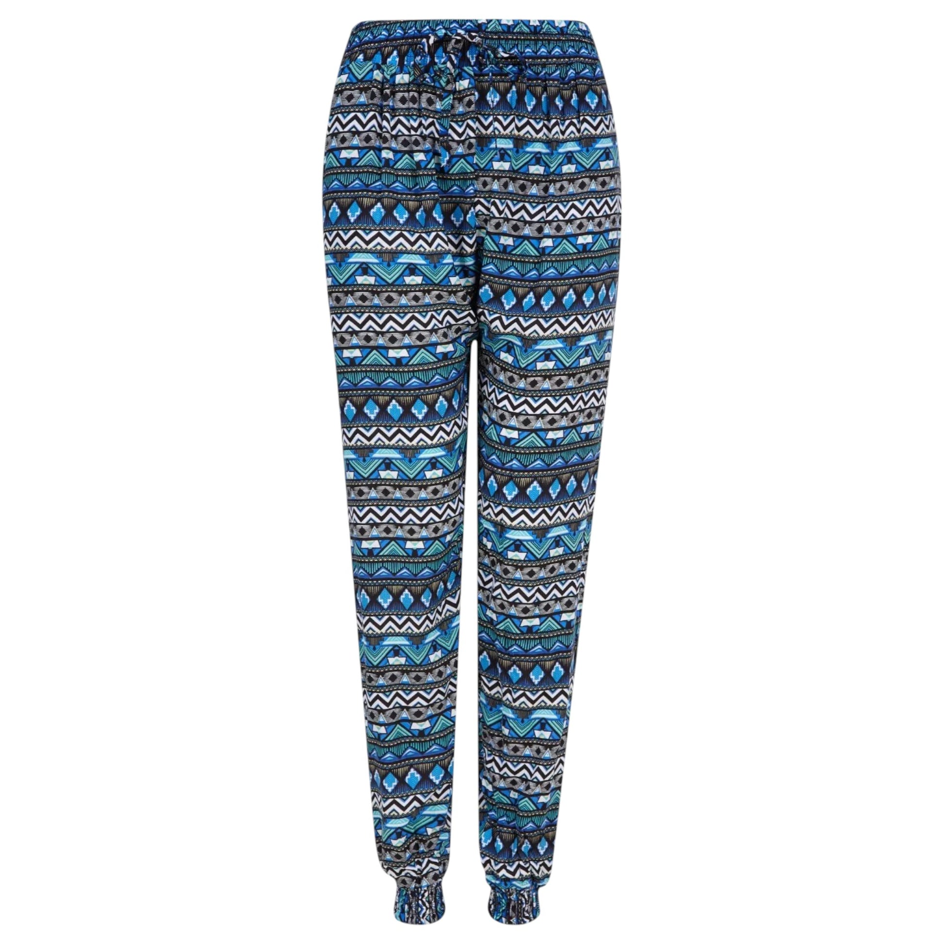 Ladies blue and black boho Aztec Printed Palazzo Trousers