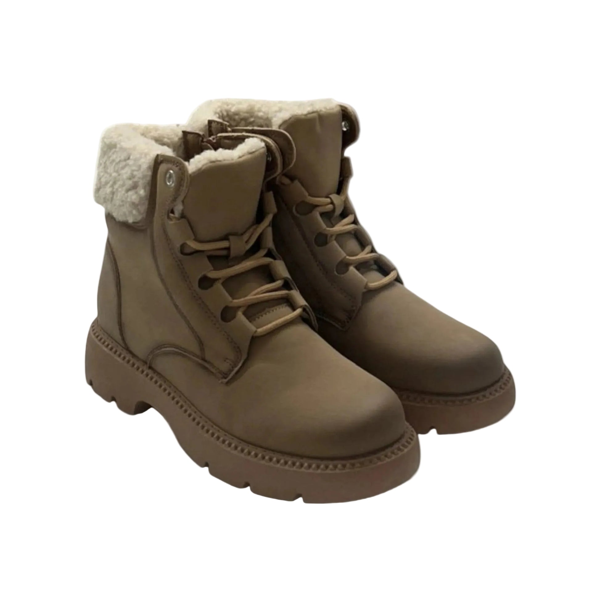 Ladies camel fleece-lined ankle boots with side zip and warm faux fur collar – stylish winter boots for women.