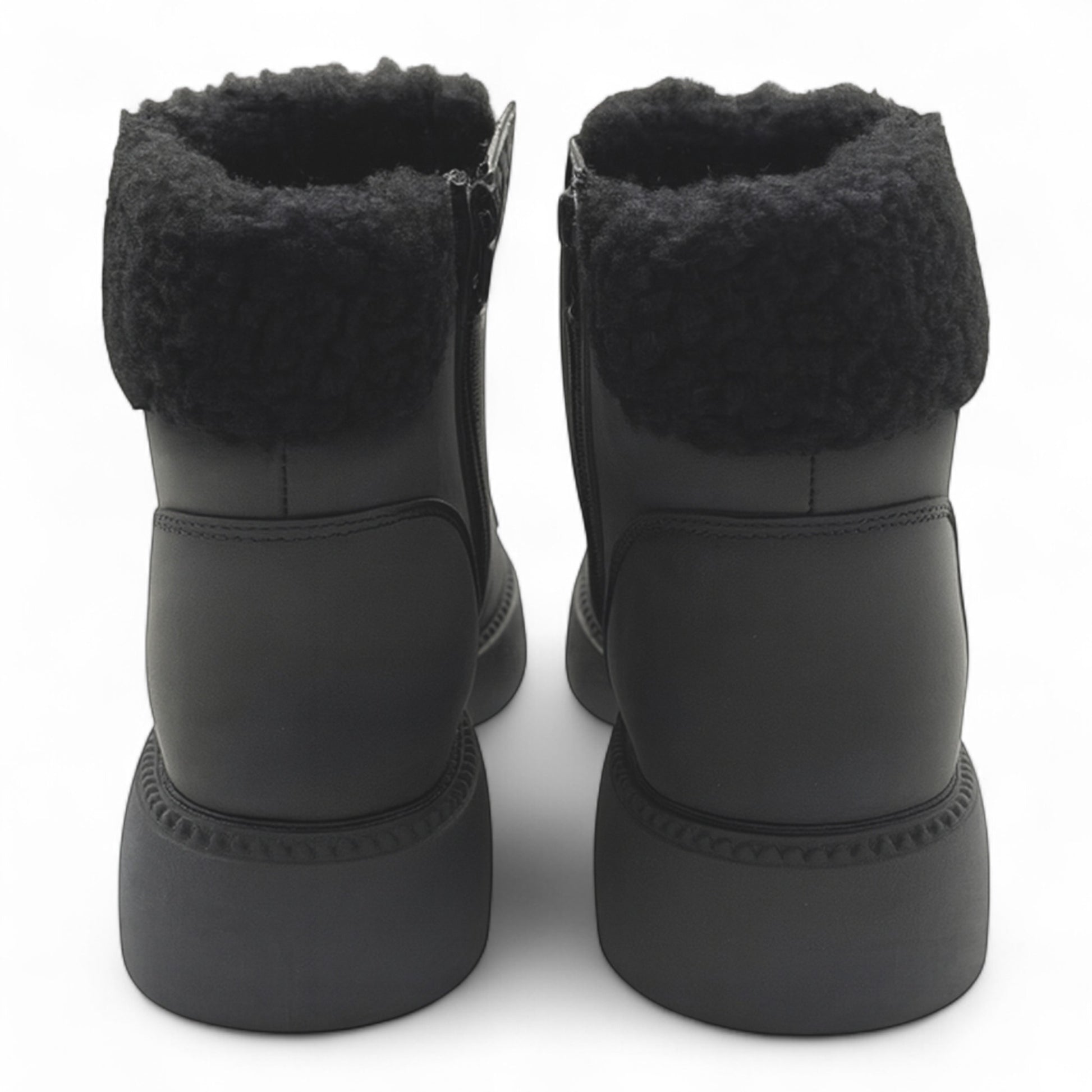 Ladies Dark Grey fleece-lined ankle boots with side zip and warm faux fur collar – stylish winter boots for women.