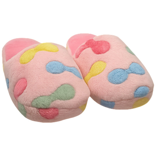 Ladies bow print slippers with pastel multicolour design, soft plush fabric, and slip-on indoor style for warmth and comfort.