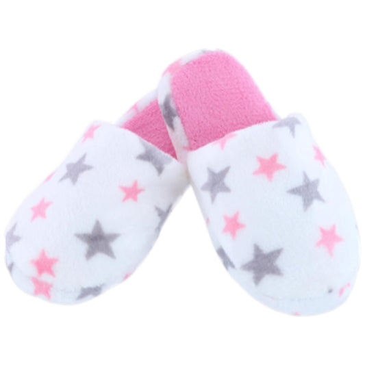 Ladies star print slippers in white with grey and pink stars, soft plush fabric, slip-on indoor design for warmth and comfort.
