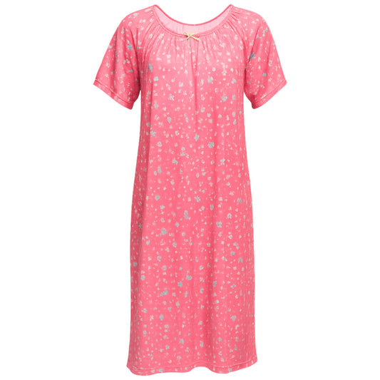 Ladies soft touch short sleeve nightdress in fuchsia pink with pink floral print and bow detail, lightweight fabric sleepwear for women