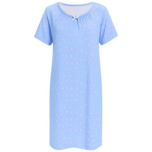 Ladies soft touch short sleeve nightdress in light blue with pink floral print and bow detail, lightweight fabric sleepwear for women