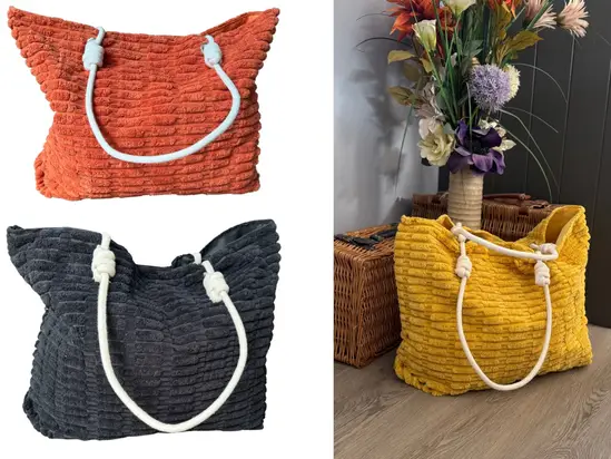 Spacious towelling tote bag for beach holidays with soft textured fabric available in black, yellow or orange