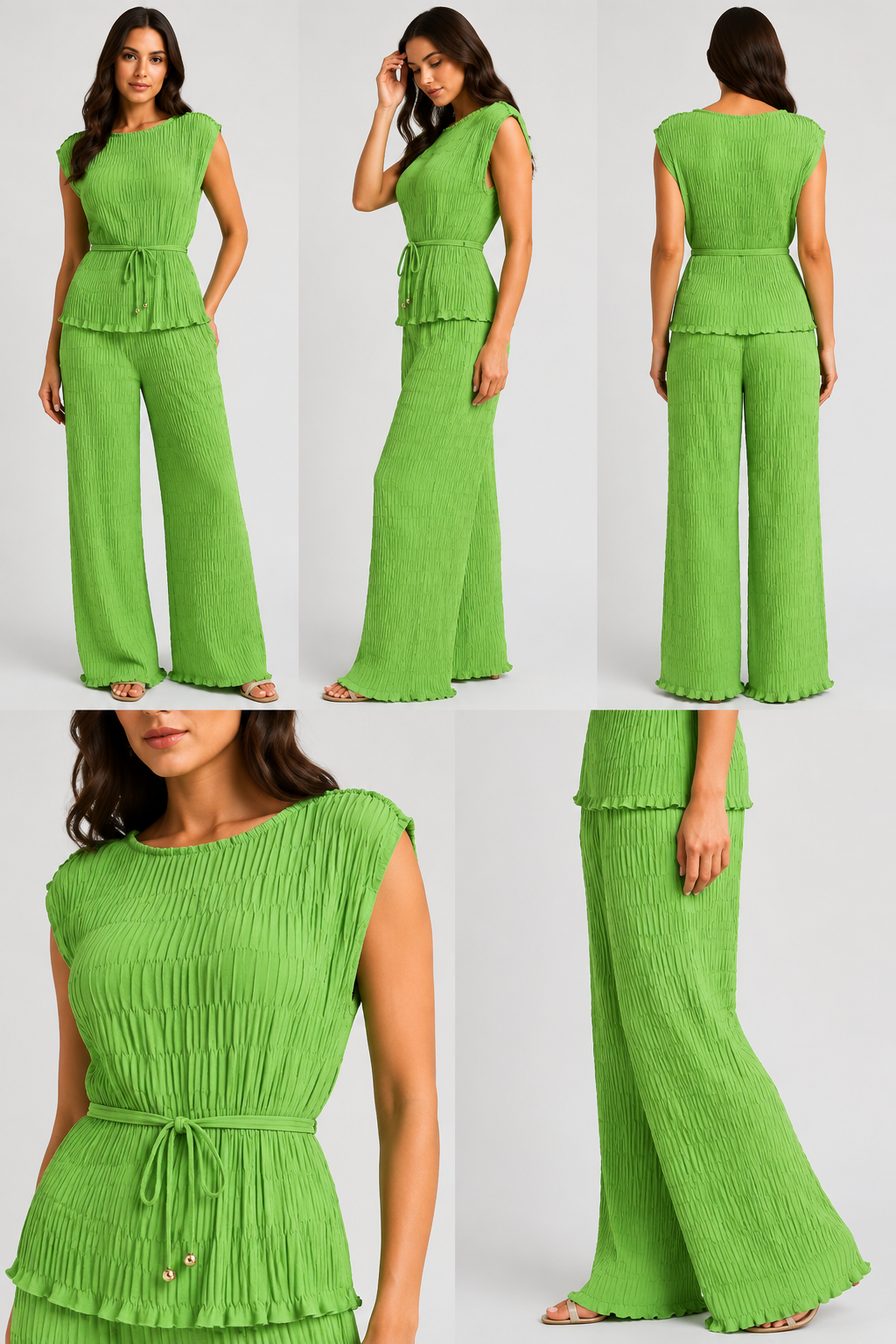 Made in Italy luxury textured two-piece lounge set with pleated crinkle fabric, sleeveless top and wide-leg trousers.
