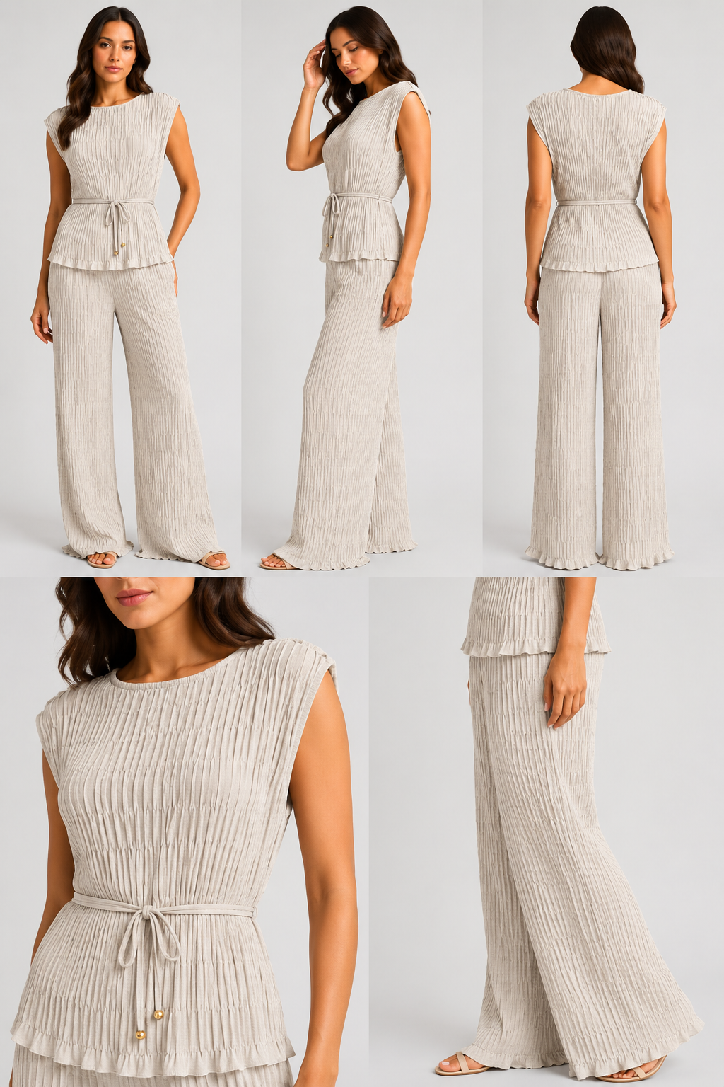 Made in Italy luxury textured two-piece lounge set with pleated crinkle fabric, sleeveless top and wide-leg trousers.