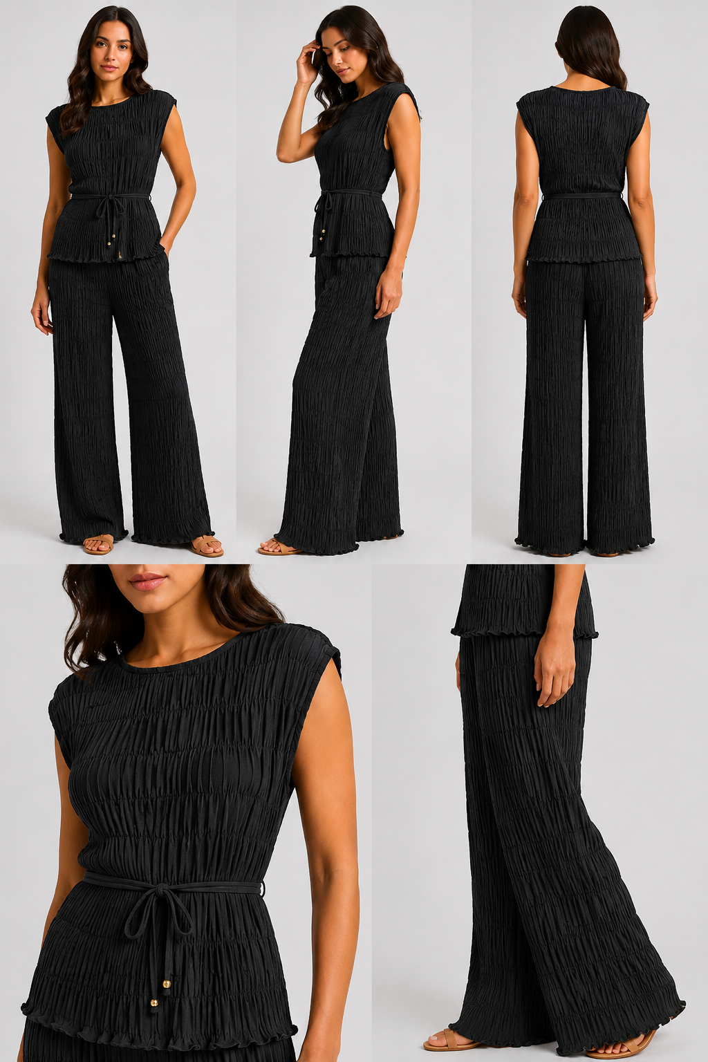 Made in Italy luxury textured two-piece lounge set with pleated crinkle fabric, sleeveless top and wide-leg trousers.