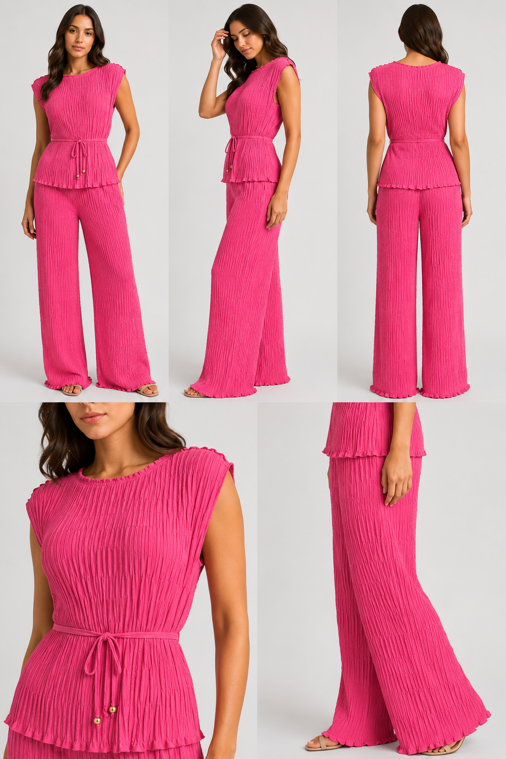 Made in Italy luxury textured two-piece lounge set with pleated crinkle fabric, sleeveless top and wide-leg trousers.
