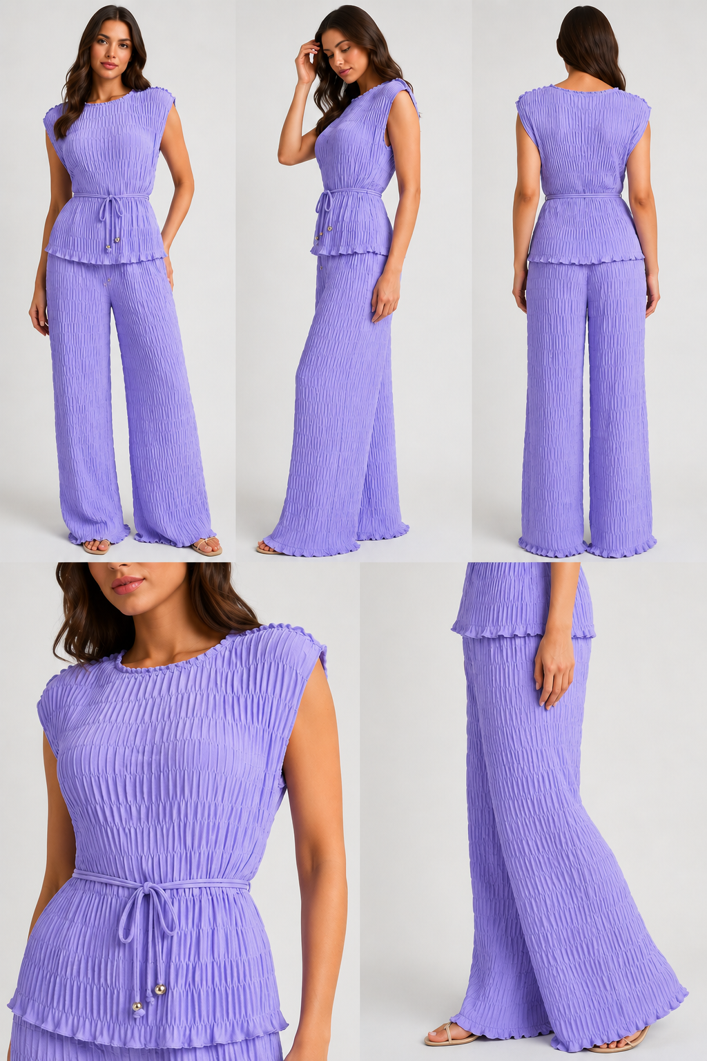Made in Italy luxury textured two-piece lounge set with pleated crinkle fabric, sleeveless top and wide-leg trousers.