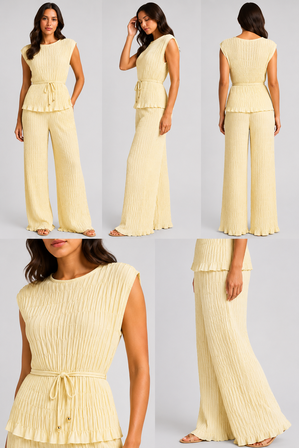 Made in Italy luxury textured two-piece lounge set with pleated crinkle fabric, sleeveless top and wide-leg trousers.