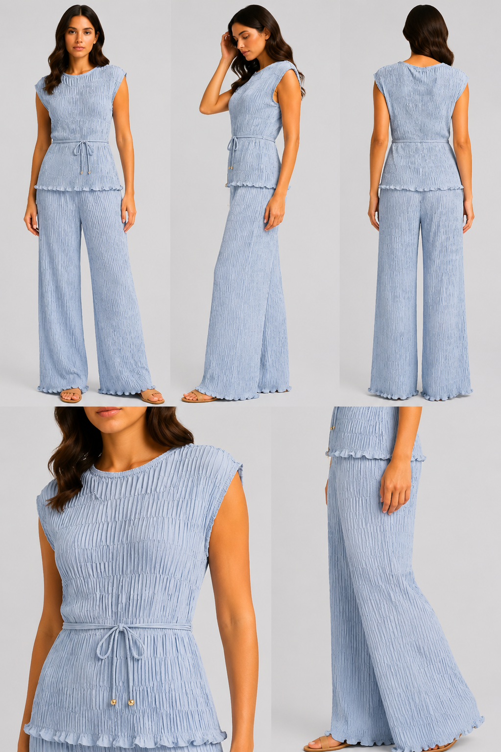 Made in Italy luxury textured two-piece lounge set with pleated crinkle fabric, sleeveless top and wide-leg trousers.