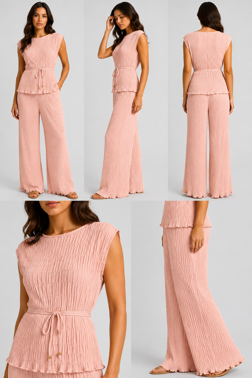Made in Italy luxury textured two-piece lounge set with pleated crinkle fabric, sleeveless top and wide-leg trousers.