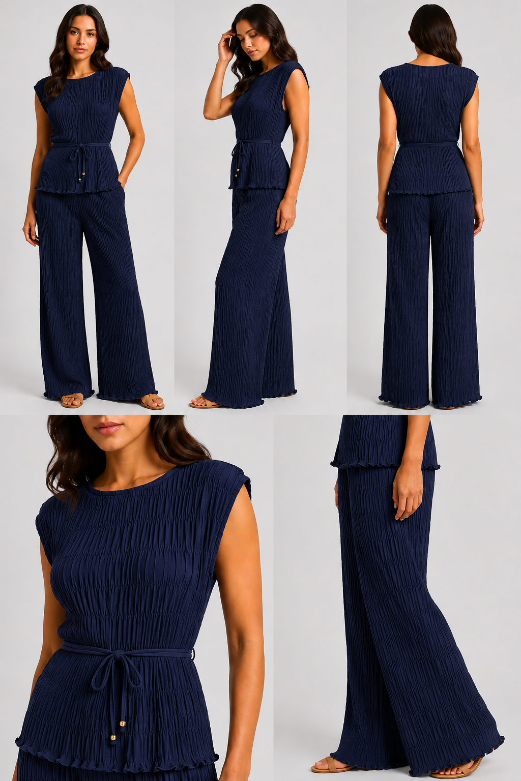 Made in Italy luxury textured two-piece lounge set with pleated crinkle fabric, sleeveless top and wide-leg trousers.