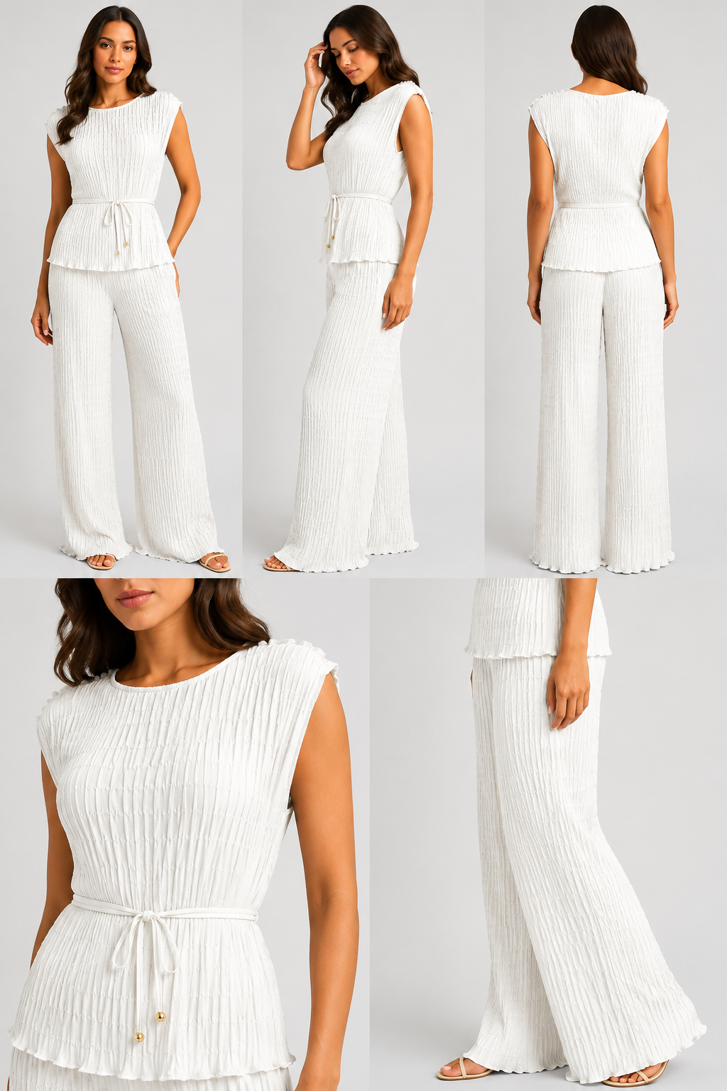 Made in Italy luxury textured two-piece lounge set with pleated crinkle fabric, sleeveless top and wide-leg trousers.
