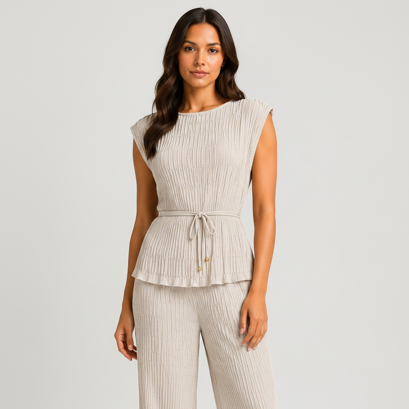 Made in Italy luxury textured two-piece lounge set with pleated crinkle fabric, sleeveless top and wide-leg trousers.